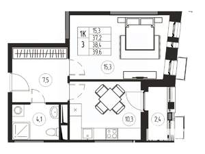 1-к квартира, вторичка, 38м2, 9/21 этаж