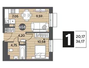 1-к квартира, строящийся дом, 36м2, 4/15 этаж