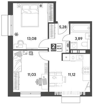 2-к квартира, строящийся дом, 44м2, 8/15 этаж