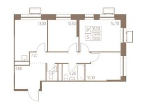 3-к квартира, строящийся дом, 70м2, 7/25 этаж