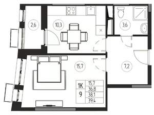 1-к квартира, вторичка, 38м2, 12/21 этаж