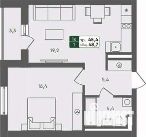 1-к квартира, строящийся дом, 49м2, 1/4 этаж