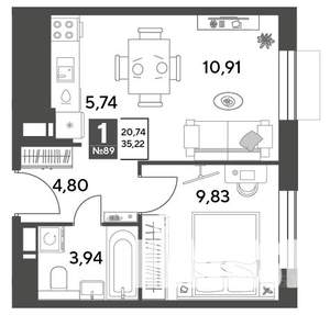 1-к квартира, строящийся дом, 35м2, 4/10 этаж