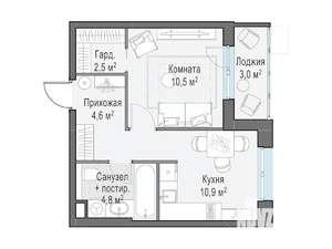 1-к квартира, строящийся дом, 35м2, 6/15 этаж