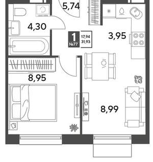 1-к квартира, строящийся дом, 32м2, 7/15 этаж
