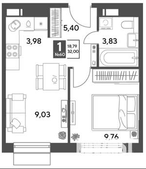 1-к квартира, вторичка, 32м2, 9/9 этаж