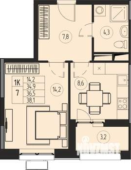 1-к квартира, строящийся дом, 37м2, 18/21 этаж