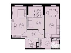3-к квартира, строящийся дом, 65м2, 14/23 этаж