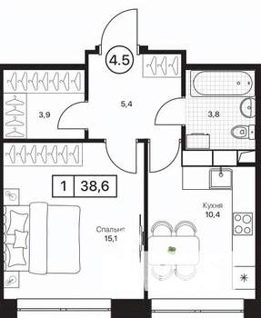 1-к квартира, вторичка, 39м2, 5/17 этаж