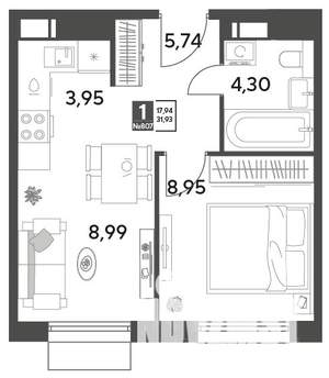 1-к квартира, строящийся дом, 32м2, 5/9 этаж