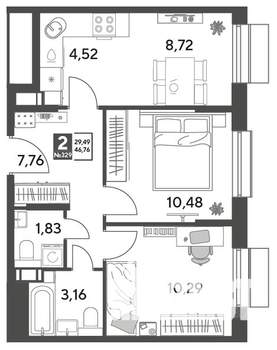 2-к квартира, строящийся дом, 47м2, 10/15 этаж