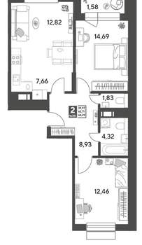 2-к квартира, строящийся дом, 64м2, 12/15 этаж