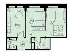 2-к квартира, строящийся дом, 55м2, 16/23 этаж