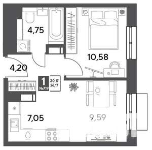 1-к квартира, строящийся дом, 36м2, 4/12 этаж