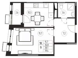 1-к квартира, вторичка, 38м2, 20/21 этаж