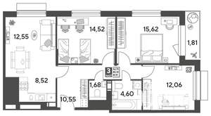 3-к квартира, строящийся дом, 82м2, 12/15 этаж