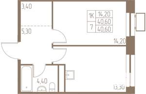 1-к квартира, строящийся дом, 41м2, 22/25 этаж