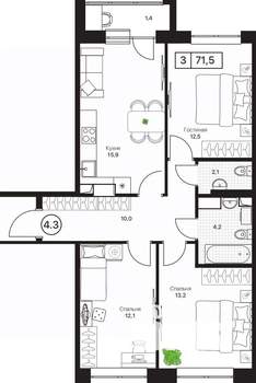 3-к квартира, вторичка, 72м2, 12/17 этаж