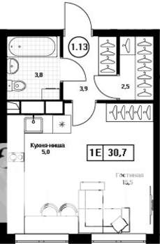 Студия квартира, вторичка, 31м2, 12/17 этаж