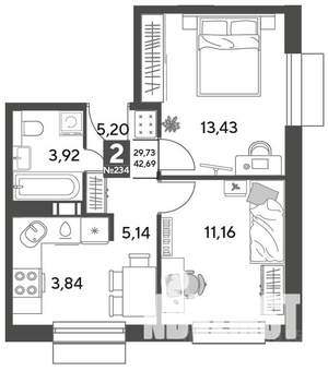 2-к квартира, строящийся дом, 43м2, 8/12 этаж