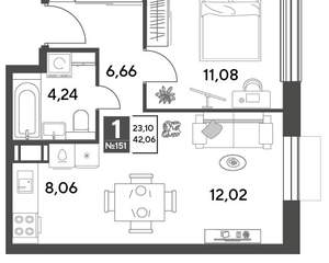 1-к квартира, строящийся дом, 42м2, 9/12 этаж