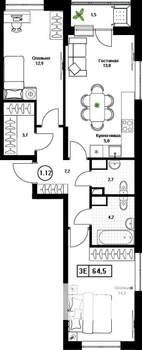 2-к квартира, вторичка, 65м2, 12/17 этаж