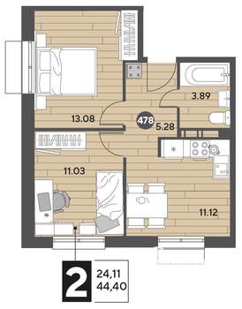 2-к квартира, строящийся дом, 44м2, 5/15 этаж