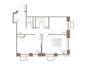 2-к квартира, строящийся дом, 56м2, 21/25 этаж