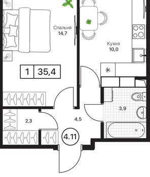 1-к квартира, вторичка, 35м2, 9/17 этаж