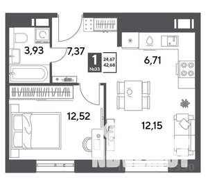 1-к квартира, строящийся дом, 43м2, 8/9 этаж