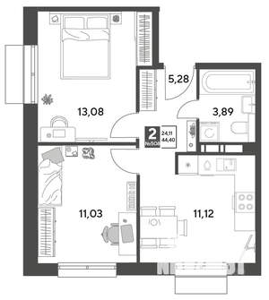 2-к квартира, строящийся дом, 44м2, 8/15 этаж