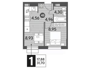 1-к квартира, строящийся дом, 32м2, 8/15 этаж