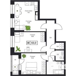 2-к квартира, вторичка, 63м2, 2/17 этаж