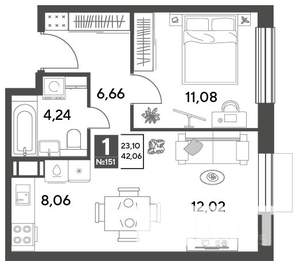 1-к квартира, строящийся дом, 42м2, 9/10 этаж