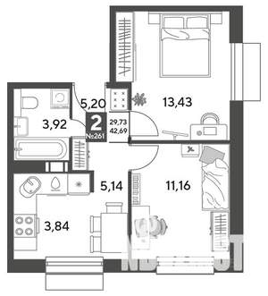 2-к квартира, строящийся дом, 43м2, 11/12 этаж
