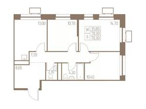 3-к квартира, строящийся дом, 70м2, 23/25 этаж