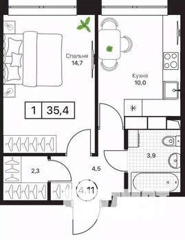 1-к квартира, вторичка, 35м2, 12/17 этаж