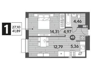 1-к квартира, строящийся дом, 42м2, 3/15 этаж