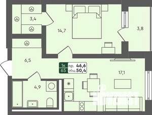 1-к квартира, строящийся дом, 50м2, 1/4 этаж