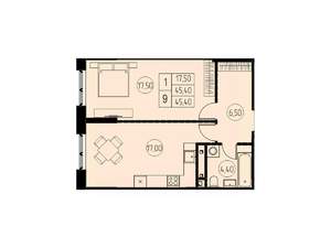 1-к квартира, строящийся дом, 45м2, 22/28 этаж