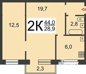 2-к квартира, вторичка, 44м2, 4/4 этаж