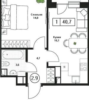 1-к квартира, вторичка, 41м2, 7/17 этаж