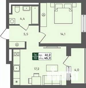 1-к квартира, строящийся дом, 45м2, 3/4 этаж