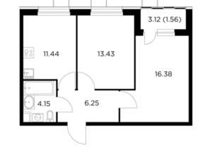 2-к квартира, строящийся дом, 53м2, 7/13 этаж