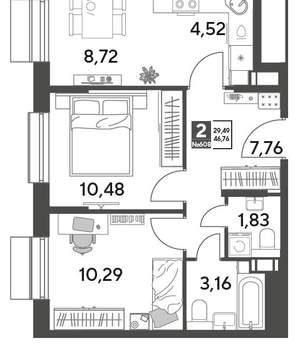 2-к квартира, строящийся дом, 47м2, 9/15 этаж