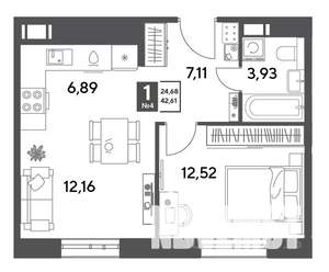 1-к квартира, строящийся дом, 43м2, 2/9 этаж