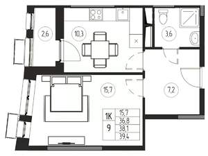 1-к квартира, вторичка, 38м2, 3/21 этаж