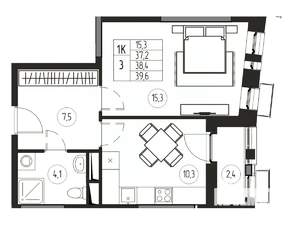 1-к квартира, вторичка, 38м2, 21/21 этаж