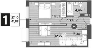 1-к квартира, строящийся дом, 42м2, 3/9 этаж