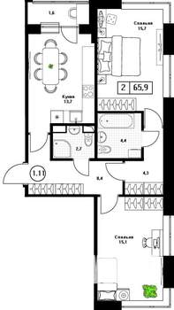 2-к квартира, вторичка, 66м2, 2/13 этаж